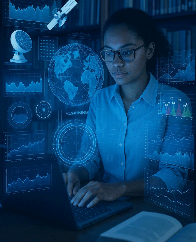 Profesional analizando información en computador con interfaces digitales de datos y monitoreo.