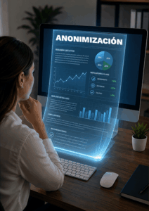 Mujer en una oficina observando un informe digital proyectado frente a la pantalla de un computador.