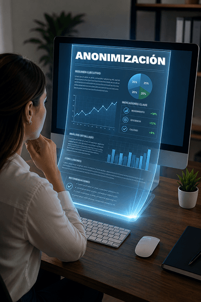 Mujer en una oficina observando un informe digital proyectado frente a la pantalla de un computador.